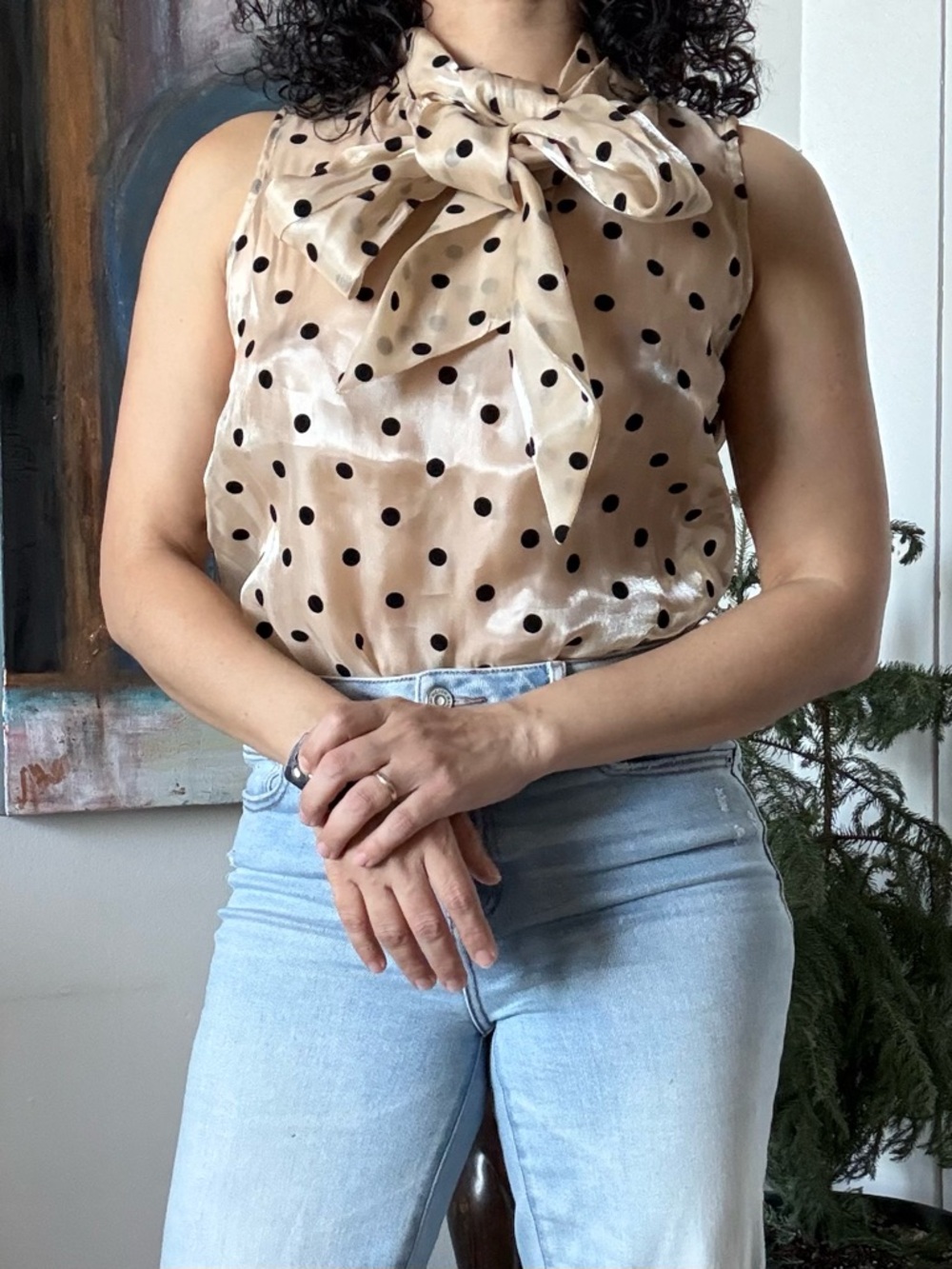 Rachel Zoe Cream Polka Dot Tie-Neck Sleeveless - Picture 2 of 5